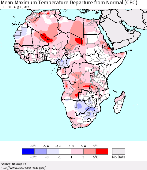 Africa Mean Maximum Temperature Departure from Normal (CPC) Thematic Map For 7/31/2023 - 8/6/2023