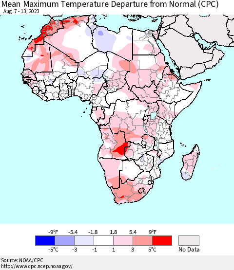 Africa Mean Maximum Temperature Departure from Normal (CPC) Thematic Map For 8/7/2023 - 8/13/2023