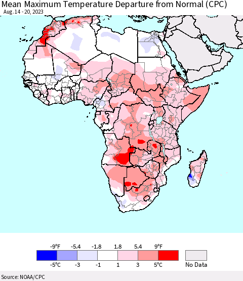 Africa Mean Maximum Temperature Departure from Normal (CPC) Thematic Map For 8/14/2023 - 8/20/2023