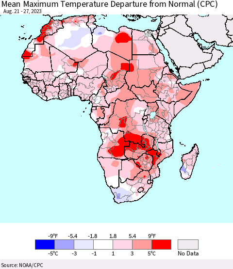 Africa Mean Maximum Temperature Departure from Normal (CPC) Thematic Map For 8/21/2023 - 8/27/2023