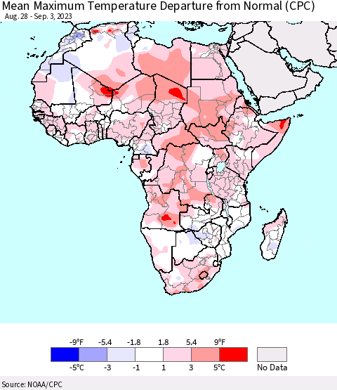 Africa Mean Maximum Temperature Departure from Normal (CPC) Thematic Map For 8/28/2023 - 9/3/2023