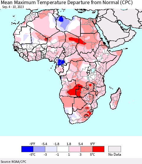 Africa Mean Maximum Temperature Departure from Normal (CPC) Thematic Map For 9/4/2023 - 9/10/2023