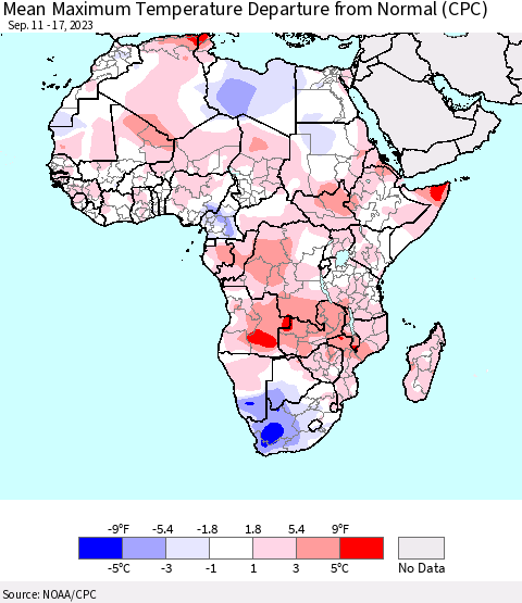 Africa Mean Maximum Temperature Departure from Normal (CPC) Thematic Map For 9/11/2023 - 9/17/2023
