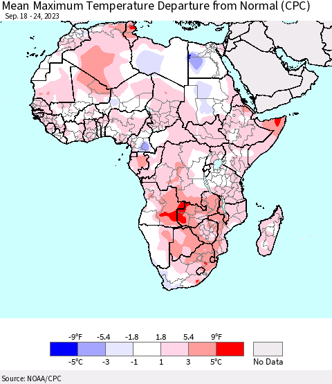 Africa Mean Maximum Temperature Departure from Normal (CPC) Thematic Map For 9/18/2023 - 9/24/2023