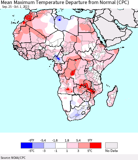Africa Mean Maximum Temperature Departure from Normal (CPC) Thematic Map For 9/25/2023 - 10/1/2023