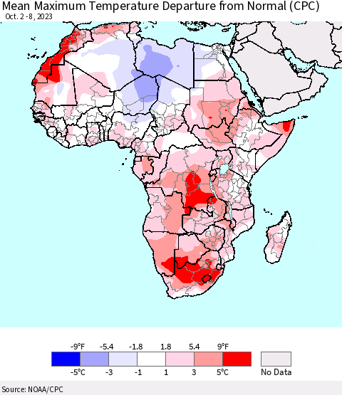 Africa Mean Maximum Temperature Departure from Normal (CPC) Thematic Map For 10/2/2023 - 10/8/2023