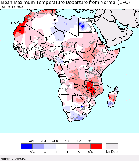 Africa Mean Maximum Temperature Departure from Normal (CPC) Thematic Map For 10/9/2023 - 10/15/2023