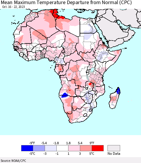 Africa Mean Maximum Temperature Departure from Normal (CPC) Thematic Map For 10/16/2023 - 10/22/2023