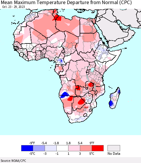 Africa Mean Maximum Temperature Departure from Normal (CPC) Thematic Map For 10/23/2023 - 10/29/2023