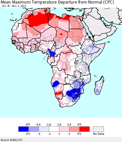 Africa Mean Maximum Temperature Departure from Normal (CPC) Thematic Map For 10/30/2023 - 11/5/2023