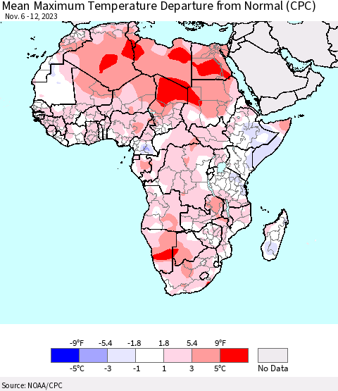 Africa Mean Maximum Temperature Departure from Normal (CPC) Thematic Map For 11/6/2023 - 11/12/2023