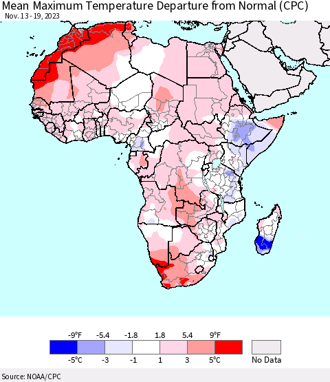 Africa Mean Maximum Temperature Departure from Normal (CPC) Thematic Map For 11/13/2023 - 11/19/2023