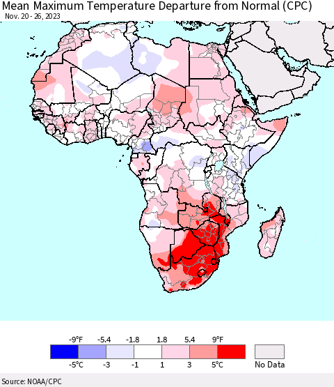 Africa Mean Maximum Temperature Departure from Normal (CPC) Thematic Map For 11/20/2023 - 11/26/2023