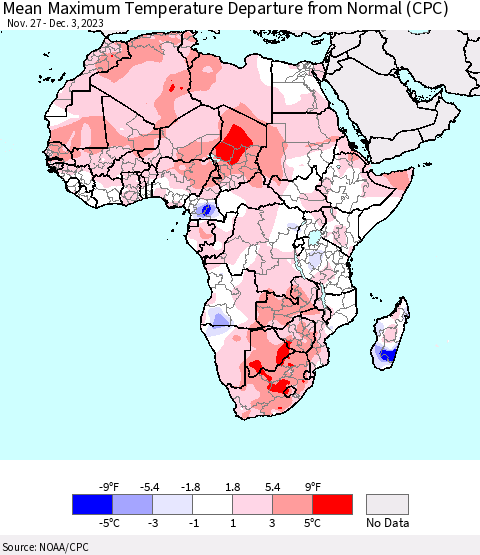 Africa Mean Maximum Temperature Departure from Normal (CPC) Thematic Map For 11/27/2023 - 12/3/2023