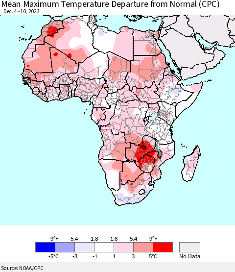 Africa Mean Maximum Temperature Departure from Normal (CPC) Thematic Map For 12/4/2023 - 12/10/2023