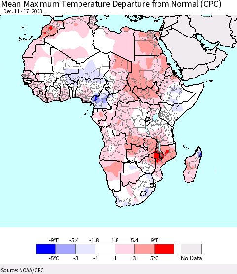 Africa Mean Maximum Temperature Departure from Normal (CPC) Thematic Map For 12/11/2023 - 12/17/2023