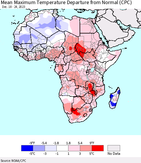 Africa Mean Maximum Temperature Departure from Normal (CPC) Thematic Map For 12/18/2023 - 12/24/2023