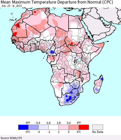 Africa Mean Maximum Temperature Departure from Normal (CPC) Thematic Map For 12/25/2023 - 12/31/2023