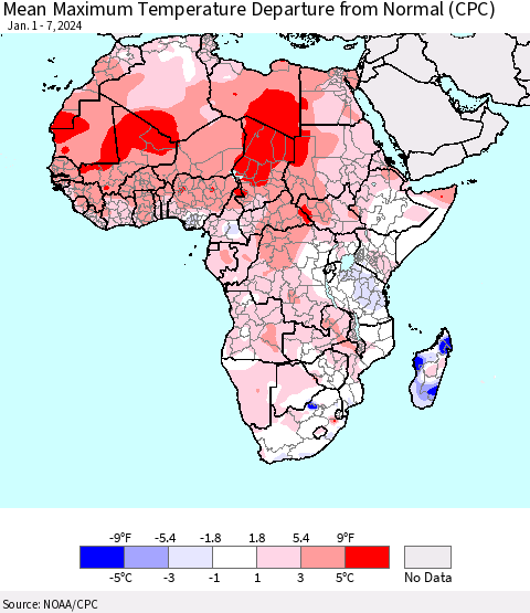 Africa Mean Maximum Temperature Departure from Normal (CPC) Thematic Map For 1/1/2024 - 1/7/2024