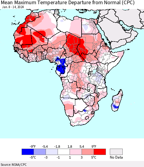 Africa Mean Maximum Temperature Departure from Normal (CPC) Thematic Map For 1/8/2024 - 1/14/2024