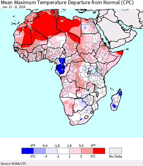Africa Mean Maximum Temperature Departure from Normal (CPC) Thematic Map For 1/15/2024 - 1/21/2024