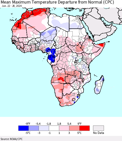 Africa Mean Maximum Temperature Departure from Normal (CPC) Thematic Map For 1/22/2024 - 1/28/2024