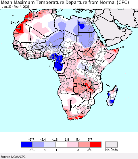 Africa Mean Maximum Temperature Departure from Normal (CPC) Thematic Map For 1/29/2024 - 2/4/2024