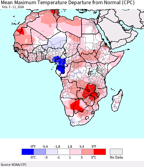 Africa Mean Maximum Temperature Departure from Normal (CPC) Thematic Map For 2/5/2024 - 2/11/2024
