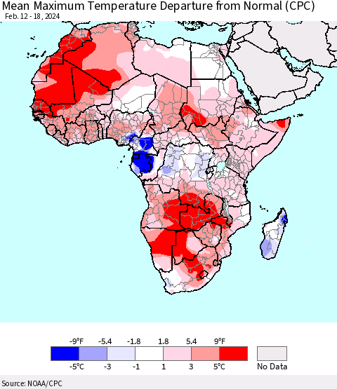 Africa Mean Maximum Temperature Departure from Normal (CPC) Thematic Map For 2/12/2024 - 2/18/2024
