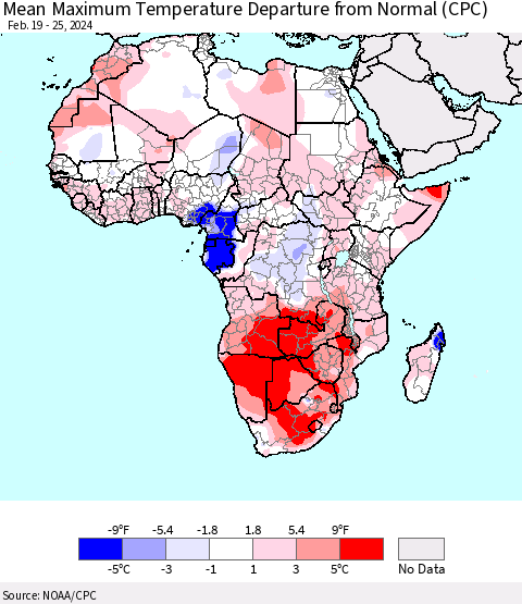 Africa Mean Maximum Temperature Departure from Normal (CPC) Thematic Map For 2/19/2024 - 2/25/2024