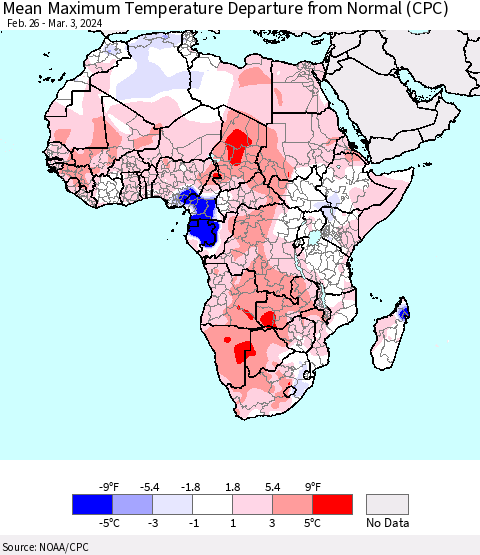 Africa Mean Maximum Temperature Departure from Normal (CPC) Thematic Map For 2/26/2024 - 3/3/2024