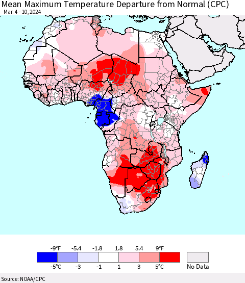 Africa Mean Maximum Temperature Departure from Normal (CPC) Thematic Map For 3/4/2024 - 3/10/2024