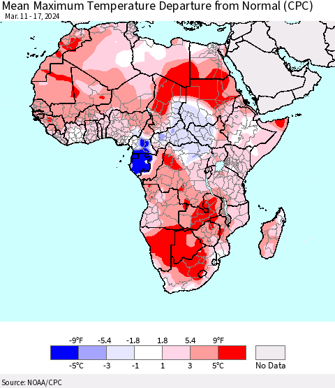 Africa Mean Maximum Temperature Departure from Normal (CPC) Thematic Map For 3/11/2024 - 3/17/2024