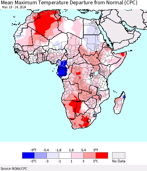 Africa Mean Maximum Temperature Departure from Normal (CPC) Thematic Map For 3/18/2024 - 3/24/2024