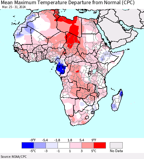 Africa Mean Maximum Temperature Departure from Normal (CPC) Thematic Map For 3/25/2024 - 3/31/2024