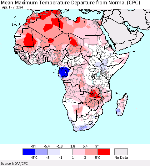 Africa Mean Maximum Temperature Departure from Normal (CPC) Thematic Map For 4/1/2024 - 4/7/2024