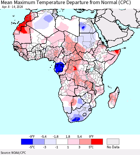 Africa Mean Maximum Temperature Departure from Normal (CPC) Thematic Map For 4/8/2024 - 4/14/2024