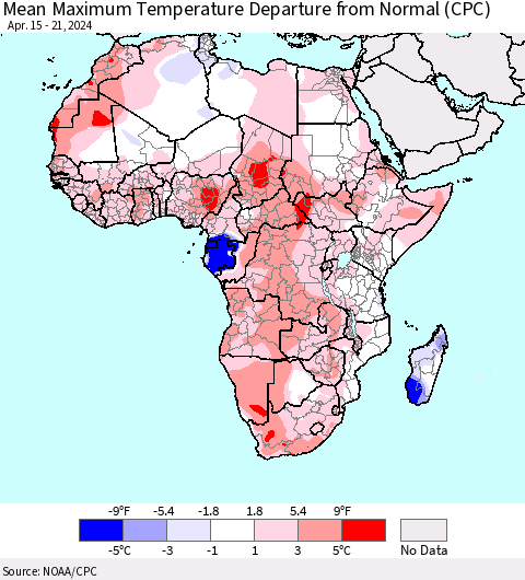 Africa Mean Maximum Temperature Departure from Normal (CPC) Thematic Map For 4/15/2024 - 4/21/2024