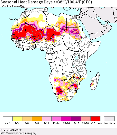 Africa Seasonal Heat Damage Days >=38°C/100°F (CPC) Thematic Map For 10/1/2019 - 1/10/2020