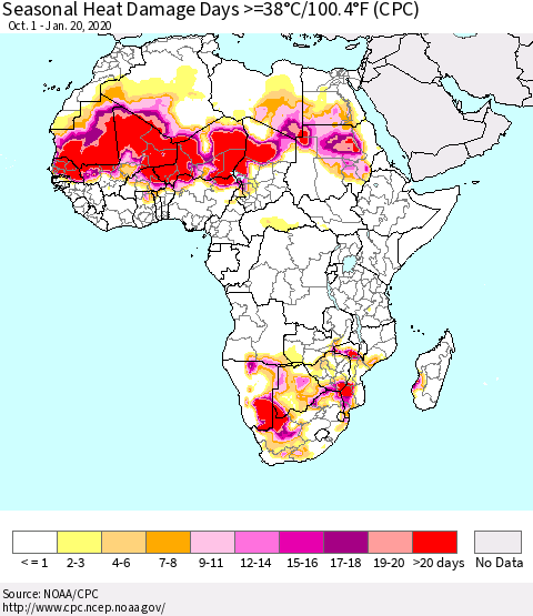 Africa Seasonal Heat Damage Days >=38°C/100°F (CPC) Thematic Map For 10/1/2019 - 1/20/2020