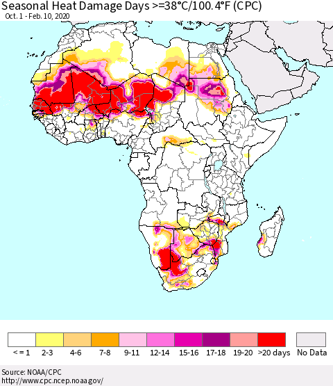 Africa Seasonal Heat Damage Days >=38°C/100°F (CPC) Thematic Map For 10/1/2019 - 2/10/2020