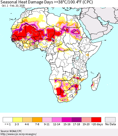 Africa Seasonal Heat Damage Days >=38°C/100°F (CPC) Thematic Map For 10/1/2019 - 2/20/2020
