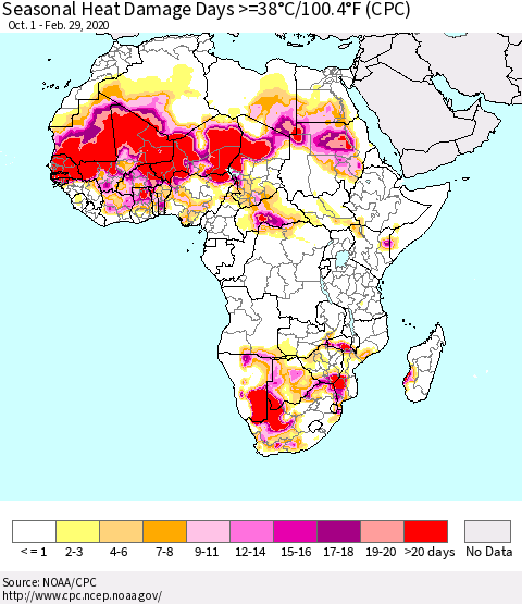 Africa Seasonal Heat Damage Days >=38°C/100°F (CPC) Thematic Map For 10/1/2019 - 2/29/2020