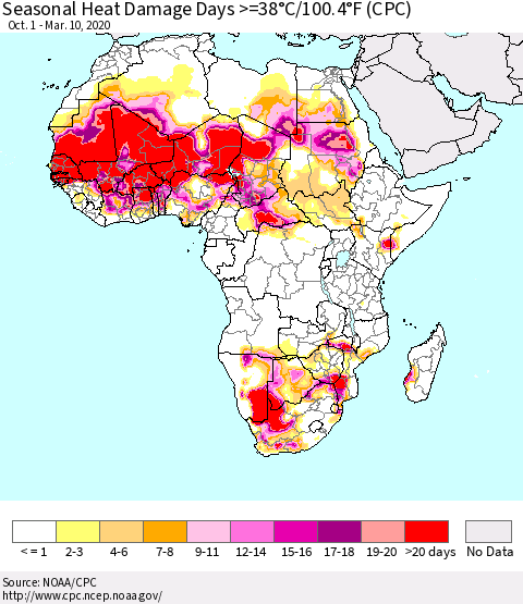 Africa Seasonal Heat Damage Days >=38°C/100°F (CPC) Thematic Map For 10/1/2019 - 3/10/2020