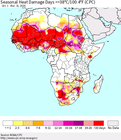Africa Seasonal Heat Damage Days >=38°C/100°F (CPC) Thematic Map For 10/1/2019 - 3/31/2020