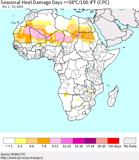 Africa Seasonal Heat Damage Days >=38°C/100°F (CPC) Thematic Map For 10/1/2019 - 10/10/2019