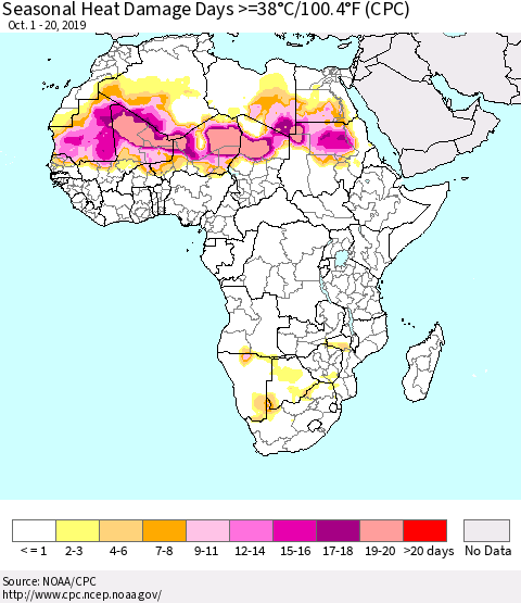 Africa Seasonal Heat Damage Days >=38°C/100°F (CPC) Thematic Map For 10/1/2019 - 10/20/2019