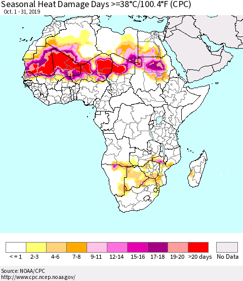 Africa Seasonal Heat Damage Days >=38°C/100°F (CPC) Thematic Map For 10/1/2019 - 10/31/2019