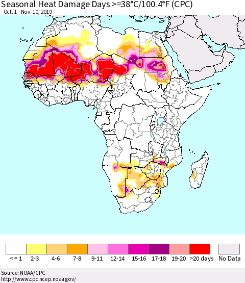 Africa Seasonal Heat Damage Days >=38°C/100°F (CPC) Thematic Map For 10/1/2019 - 11/10/2019
