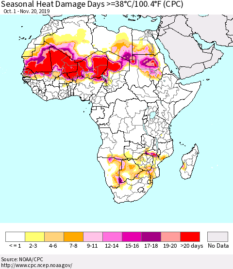 Africa Seasonal Heat Damage Days >=38°C/100°F (CPC) Thematic Map For 10/1/2019 - 11/20/2019